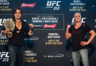 LAS VEGAS, NV - JULY 06: (L-R) UFC bantamweight champion Amanda Nunes of Brazil and Valentina Shevchenko of Peru pose for a picture for the media during the UFC 213 Ultimate Media Day at T-Mobile Arena on July 6, 2017 in Las Vegas, Nevada. (Photo by Bran
