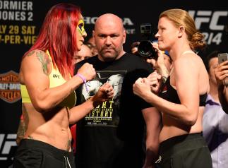 ANAHEIM, CA - JULY 28: (L-R) Cris Cyborg of Brazil and Tonya Evinger face off during the UFC 214 weigh-in inside the Honda Center on July 28, 2017 in Anaheim, California. (Photo by Josh Hedges/Zuffa LLC/Zuffa LLC via Getty Images)