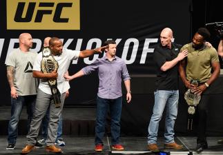 DALLAS, TX - MAY 12: (L-R) UFC light heavyweight champion Daniel Cormier and Jon Jones face off during the UFC Summer Kickoff Press Conference at the American Airlines Center on May 12, 2017 in Dallas, Texas. (Photo by Josh Hedges/Zuffa LLC/Zuffa LLC via