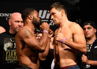 ANAHEIM, CA - JULY 28: (L-R) Tyron Woodley and Demian Maia of Brazil face off during the UFC 214 weigh-in inside the Honda Center on July 28, 2017 in Anaheim, California. (Photo by Josh Hedges/Zuffa LLC/Zuffa LLC via Getty Images)