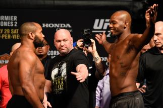 ANAHEIM, CA - JULY 28: (L-R) Daniel Cormier and Jon Jones face off during the UFC 214 weigh-in inside the Honda Center on July 28, 2017 in Anaheim, California. (Photo by Josh Hedges/Zuffa LLC/Zuffa LLC via Getty Images)