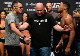 LAS VEGAS, NV - OCTOBER 06: (L-R) Tony Ferguson and Kevin Lee face off during the UFC 216 weigh-in inside T-Mobile Arena on October 6, 2017 in Las Vegas, Nevada. (Photo by Jeff Bottari/Zuffa LLC/Zuffa LLC via Getty Images)