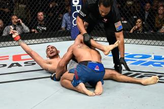LAS VEGAS, NV - OCTOBER 07: Tony Ferguson celebrates after his submission victory over Kevin Lee in their interim UFC lightweight championship bout during the UFC 216 event inside T-Mobile Arena on October 7, 2017 in Las Vegas, Nevada. (Photo by Jeff Bo