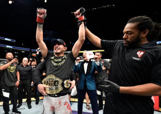 LAS VEGAS, NV - OCTOBER 07: Tony Ferguson celebrates after his submission victory over Kevin Lee in their interim UFC lightweight championship bout during the UFC 216 event inside T-Mobile Arena on October 7, 2017 in Las Vegas, Nevada. (Photo by Jeff Bo