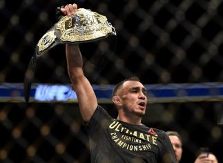 LAS VEGAS, NV - OCTOBER 07: Tony Ferguson celebrates after his victory over Kevin Lee in their interim UFC lightweight championship bout during the UFC 216 event inside T-Mobile Arena on October 7, 2017 in Las Vegas, Nevada. (Photo by Brandon Magnus/Zuff
