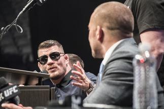 Michael Bisping and Georges St-Pierre - UFC 217 media day, Las Vegas 10/6/17 (Photo credit: Juan Cardenas)