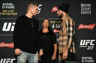 NEW YORK, NY - NOVEMBER 01: (L-R) Opponents Stephen Thompson and Jorge Masvidal face off during the UFC 217 Ultimate Media Day inside the Theater Lobby at Madison Square Garden on November 1, 2017 in New York City. (Photo by Jeff Bottari/Zuffa LLC/Zuffa