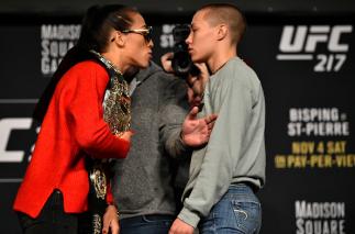 NEW YORK, NY - NOVEMBER 02: (L-R) Opponents Joanna Jedrzejczyk of Poland and Rose Namajunas face off during the UFC 217 Press Conference inside Madison Square Garden on November 2, 2017 in New York City. (Photo by Jeff Bottari/Zuffa LLC/Zuffa LLC via Get