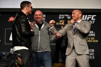 NEW YORK, NY - NOVEMBER 02: (L-R) Opponents Michael Bisping of England and Georges St-Pierre of Canada face off during the UFC 217 Press Conference inside Madison Square Garden on November 2, 2017 in New York City. (Photo by Jeff Bottari/Zuffa LLC/Zuffa