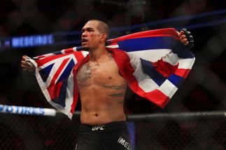 7DETROIT, MI - DECEMBER 02: Yancy Medeiros celebrates his victory over Alex Oliveira during UFC 218 at Little Ceasars Arena on December 2, 2018 in Detroit, Michigan. (Photo by Gregory Shamus/Getty Images)
