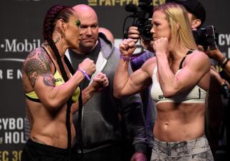 LAS VEGAS, NV - DECEMBER 29: (L-R) Cris Cyborg of Brazil and Holly Holm face off during the UFC 219 weigh-in inside T-Mobile Arena on December 29, 2017 in Las Vegas, Nevada. (Photo by Jeff Bottari/Zuffa LLC/Zuffa LLC via Getty Images)