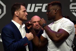 LAS VEGAS, NV - DECEMBER 29: (L-R) Opponents Stipe Miocic and Francis Ngannou face off during the UFC 220 press conference inside T-Mobile Arena on December 29, 2017 in Las Vegas, Nevada. (Photo by Jeff Bottari/Zuffa LLC/Zuffa LLC via Getty Images)