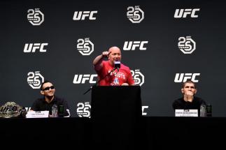 BOSTON, MA - JANUARY 19: UFC president Dana White hosts a UFC press conference prior to the UFC 220 weigh-in at TD Garden on January 19, 2018 in Boston, Massachusetts. (Photo by Jeff Bottari/Zuffa LLC/Zuffa LLC via Getty Images)