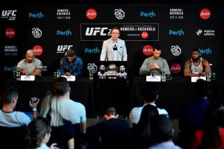 PERTH, AUSTRALIA - FEBRUARY 07: UFC Senior Vice President, International and Content David Shaw (C) delivers an introduction speech to media during the UFC 221 Press Conference at Perth Arena on February 7, 2018 in Perth, Australia. (Photo by Jeff Bottar