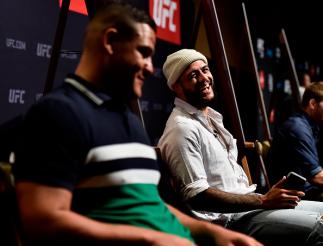 PERTH, AUSTRALIA - FEBRUARY 08: (R-L) Tyson Pedro of Australia interacts with Tai Tuivasa of Australia during the UFC 221 Ultimate Media Day at Hyatt Regency on February 8, 2018 in Perth, Australia. (Photo by Jeff Bottari/Zuffa LLC/Zuffa LLC via Getty Im