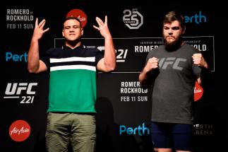PERTH, AUSTRALIA - FEBRUARY 08: (L-R) Opponents Tai Tuivasa of Australia and Cyril Asker of France pose for the media during the UFC 221 Ultimate Media Day at Hyatt Regency on February 8, 2018 in Perth, Australia. (Photo by Jeff Bottari/Zuffa LLC/Zuffa L