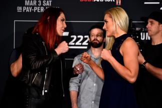 LAS VEGAS, NV - MARCH 01: Opponents Cris Cyborg of Brazil (L) and Yana Kunitskaya of Russia face off during the UFC 222 Ultimate Media Day at MGM Grand Hotel & Casino on March 1, 2018 in Las Vegas, Nevada. (Photo by Jeff Bottari/Zuffa LLC/Zuffa LLC via Ge