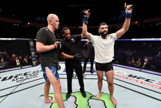LAS VEGAS, NV - MARCH 03: Andrei Arlovski of Belarus celebrates after his unanimous-decision victory over Stefan Struve of The Netherlands in their heavyweight bout during the UFC 222 event inside T-Mobile Arena on March 3, 2018 in Las Vegas, Nevada. (P