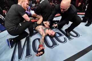 LAS VEGAS, NV - MARCH 03: Sean O'Malley is interviewed by Joe Rogan after his unanimous-decision victory over Andre Soukhamthath in their bantamweight bout during the UFC 222 event inside T-Mobile Arena on March 3, 2018 in Las Vegas, Nevada. (Photo by J