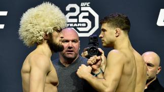 BROOKLYN, NEW YORK - APRIL 06: (L-R) Khabib Nurmagomedov of Russia and Al Iaquinta face off during the UFC 223 weigh-in inside Barclays Center on April 6, 2018 in Brooklyn, New York. (Photo by Jeff Bottari/Zuffa LLC/Zuffa LLC via Getty Images)