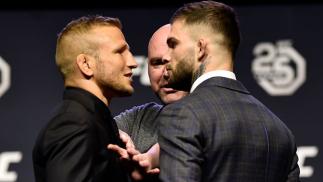 BROOKLYN, NEW YORK - APRIL 06: (L-R) Opponents TJ Dillashaw and Cody Garbrandt face off during the UFC press conference inside Barclays Center on April 6, 2018 in Brooklyn, New York. (Photo by Jeff Bottari/Zuffa LLC/Zuffa LLC via Getty Images)