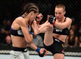 BROOKLYN, NEW YORK - APRIL 07: (R-L) Rose Namajunas kicks Joanna Jedrzejczyk of Poland in their women's strawweight title bout during the UFC 223 event inside Barclays Center on April 7, 2018 in Brooklyn, New York. (Photo by Jeff Bottari/Zuffa LLC/Zuffa