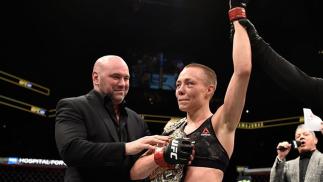 BROOKLYN, NEW YORK - APRIL 07: Rose Namajunas celebrates after her victory over Joanna Jedrzejczyk in their women's strawweight title bout during the UFC 223 event inside Barclays Center on April 7, 2018 in Brooklyn, New York. (Photo by Jeff Bottari/Zuff