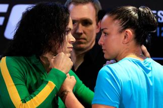 RIO DE JANEIRO, BRAZIL - MAY 10: UFC bantamweight fighters Amanda Nunes (L) of Brazil and Raquel Pennington of the United States face off during Ultimate Media Day on May 10, 2018 in Rio de Janeiro, Brazil. (Photo by Buda Mendes/Zuffa LLC/Zuffa LLC via Ge