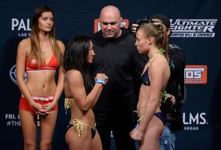 LAS VEGAS, NEVADA - DECEMBER 11: (L-R) UFC straw weights Carla Esparza and Rose Namajunas face off during The Ultimate Fighter Finale weigh-ins at the Palms Casino Resort on December 11, 2014 in Las Vegas, Nevada. (Photo by Jeff Bottari/Zuffa LLC/Zuffa L