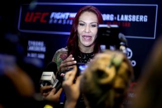 BRASILIA, BRAZIL - SEPTEMBER 22: Catchweight contender Cris "Cyborg" Justino of Brazil speaks to the media during Ultimate Media Day at Windsor Brasilia Hotel on September 22, 2016 in Brasilia, Brazil. (Photo by Buda Mendes/Zuffa LLC/Zuffa LLC via Getty I