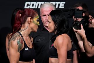 BRASILIA, BRAZIL - SEPTEMBER 23: Opponents Cris Cyborg (L) of Brazil and Lina Lansberg of Sweden face off during the UFC Fight Night weigh-in at Nilson Nelson gymnasium on September 23, 2016 in Brasilia, Brazil. (Photo by Buda Mendes/Zuffa LLC/Zuffa LLC v