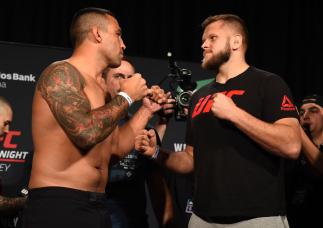 SYDNEY, AUSTRALIA - NOVEMBER 18: (L-R) Fabricio Werdum of Brazil and Marcin Tybura of Poland face off during the UFC Fight Night weigh-in on November 18, 2017 in Sydney, Australia. (Photo by Josh Hedges/Zuffa LLC/Zuffa LLC via Getty Images)