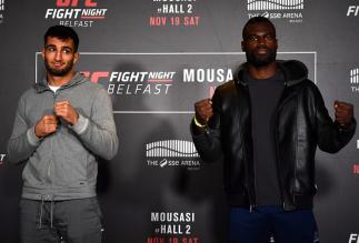 BELFAST, IRELAND - NOVEMBER 17: (L-R) Gegard Mousasi of the Netherlands and Uriah Hall of the United States pose for a picture during the UFC Fight Night Ultimate Media Day at the SSE Arena on November 17, 2016 in Belfast, Ireland. (Photo by Brandon Magn