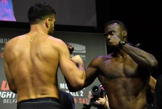 BELFAST, NORTHERN IRELAND - NOVEMBER 18: (L-R) Gegard Mousasi of the Netherlands and Uriah Hall of the United States face off during the UFC Fight Night weigh-in at the SSE Arena on November 18, 2016 in Belfast, Northern Ireland. (Photo by Brandon Magnus