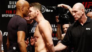 LONDON, ENGLAND - FEBRUARY 26: Anderson 'The Spider' Silva of Brazil and Michael 'The Count' Bisping of England come face to face and are held back by security during the UFC Fight Night Weigh-in held at at Indigo at The O2 Arena on February 26, 2016 in
