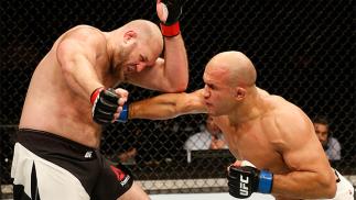 ZAGREB, CROATIA - APRIL 10: (R-L) Junior Dos Santos punches Ben Rothwell in their heavyweight bout during the UFC Fight Night event at the Arena Zagreb on April 10, 2016 in Zagreb, Croatia. (Photo by Srdjan Stevanovic/Zuffa LLC/Zuffa LLC via Getty Images)