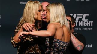 NEW YORK, NY - APRIL 16: Felice Herrig (L) and Paige VanZant (R) face off for the media during the Ultimate Media Day at the Best Buy Theater on April 16, 2015 in New York, New York. (Photo by Ed Mulholland/Zuffa LLC/Zuffa LLC via Getty Images)