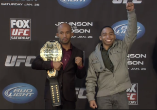 UFC Flyweight champion Demetrious Johnson and challenger John Dodson pose for media at the UFC on FOX 6 Chicago pre-fight press conference