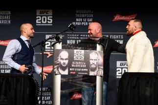 NEW YORK, NY - NOVEMBER 10: (L-R) Opponents Eddie Alvarez and Conor McGregor of Ireland are separated by UFC president Dana White during the UFC 205 press conference inside The Theater at Madison Square Garden on November 10, 2016 in New York City. (Phot