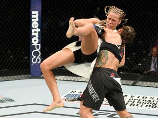 NEW YORK, NY - NOVEMBER 12: Liz Carmouche of the United States (right) fights against Katlyn Chookagian of the United States in their women's bantamweight bout during the UFC 205 event at Madison Square Garden on November 12, 2016 in New York City. (Pho