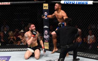 OKLAHOMA CITY, OK - JUNE 25: Kevin Lee celebrates after his submission victory over Michael Chiesa in their lightweight bout during the UFC Fight Night event at the Chesapeake Energy Arena on June 25, 2017 in Oklahoma City, Oklahoma. (Photo by Brandon M