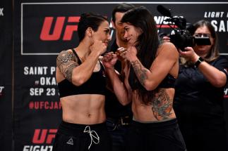 (R-L) Opponents Claudia Gadelha of Brazil and Jessica Andrade of Brazil face off during the UFC Fight Night Weigh-in at the Hilton Tokyo on September 21, 2017 in Tokyo, Japan. (Photo by Jeff Bottari/Zuffa LLC/Zuffa LLC via Getty Images)