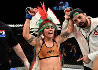 Jessica Andrade of Brazil celebrates her victory over Claudia Gadelha of Brazil in their women's strawweight bout during the UFC Fight Night event inside the Saitama Super Arena on September 22, 2017 in Saitama, Japan. (Photo by Jeff Bottari/Zuffa LLC/Zuf