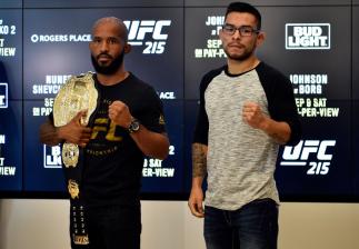 EDMONTON, AB - SEPTEMBER 06: (L-R) UFC flyweight champion Demetrious Johnson and Ray Borg pose for the media during the UFC 215 Ultimate Media Day at Rogers Place on September 6, 2017 in Edmonton, Alberta, Canada. (Photo by Jeff Bottari/Zuffa LLC)