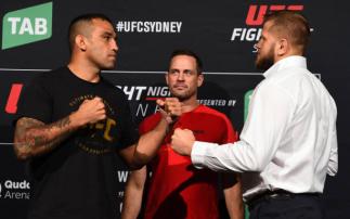 SYDNEY, AUSTRALIA - NOVEMBER 17: (L-R) Opponents Fabricio Werdum of Brazil and Marcin Tybura of Poland face off during the UFC Ultimate Media Day at the Hilton Sydney Hotel on November 17, 2017 in Sydney, Australia. (Photo by Josh Hedges/Zuffa LLC/Zuffa