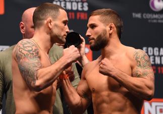 LAS VEGAS, NV - DECEMBER 10: (L-R) Opponents Frankie Edgar and Chad Mendes face off during the UFC weigh-in inside MGM Grand Garden Arena on December 10, 2015 in Las Vegas, Nevada. (Photo by Josh Hedges/Zuffa LLC/Zuffa LLC via Getty Images)