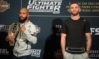 LAS VEGAS, NV - DECEMBER 01: (L-R) UFC flyweight champion Demetrious Johnson and TUF 24 winner Tim Elliott pose for a picture during the TUF Finale Ultimate Media Day in the Palms Resort & Casino on December 1, 2016 in Las Vegas, Nevada. (Photo by Brandon