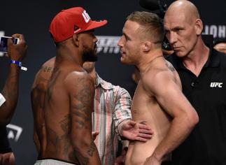 LAS VEGAS, NV - JULY 06: (L-R) Opponents Michael Johnson and Justin Gaethje poses on the scale during the UFC weigh-in at the Park Theater on July 6, 2017 in Las Vegas, Nevada. (Photo by Jeff Bottari/Zuffa LLC/Zuffa LLC via Getty Images)