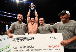 LAS VEGAS, NV - JULY 07: Jesse Taylor celebrates after his submission victory over Dhiego Lima in their welterweight finals bout during The Ultimate Fighter Finale at T-Mobile Arena on July 7, 2017 in Las Vegas, Nevada. (Photo by Brandon Magnus/Zuffa LL