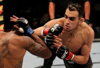 EAST RUTHERFORD, NJ - MAY 05: Tony Ferguson in action against Michael Johnson during their Flyweight bout at Izod Center on May 5, 2012 in East Rutherford, New Jersey. (Photo by Josh Hedges/Zuffa LLC/Zuffa LLC via Getty Images)